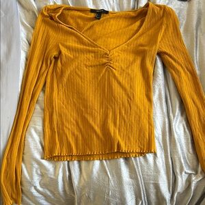 Forever 21 Yellow Ruched V-Neck Long Sleeve Blouse